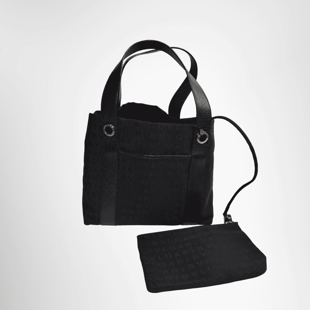 Bvlgari Preowned Luxury Logomania Lettere Jacquard Tote Bag Back View with Pouch - Antonio & Co.