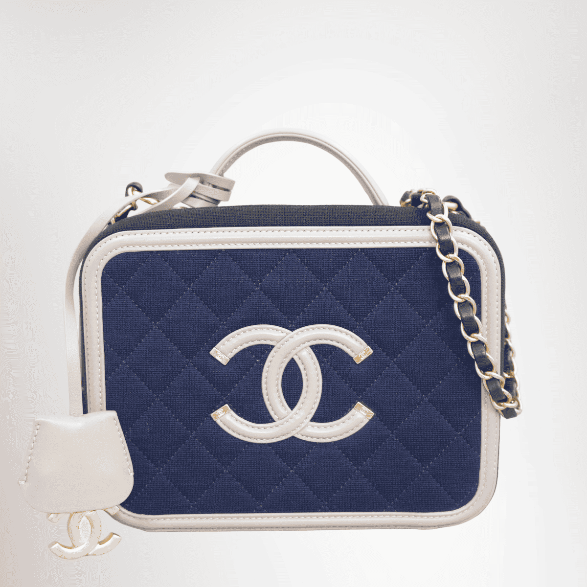 Chanel Jersey Quilted Small CC Filigree Vanity Case Blue Black Grey