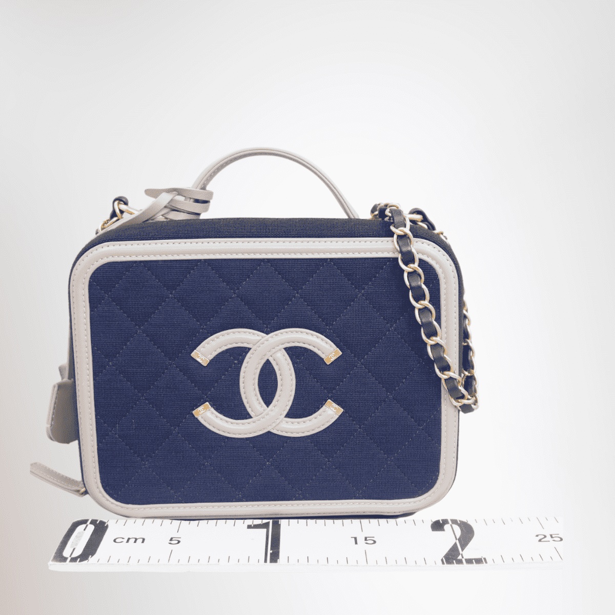Chanel Jersey Quilted Small CC Filigree Vanity Case Blue Black Grey