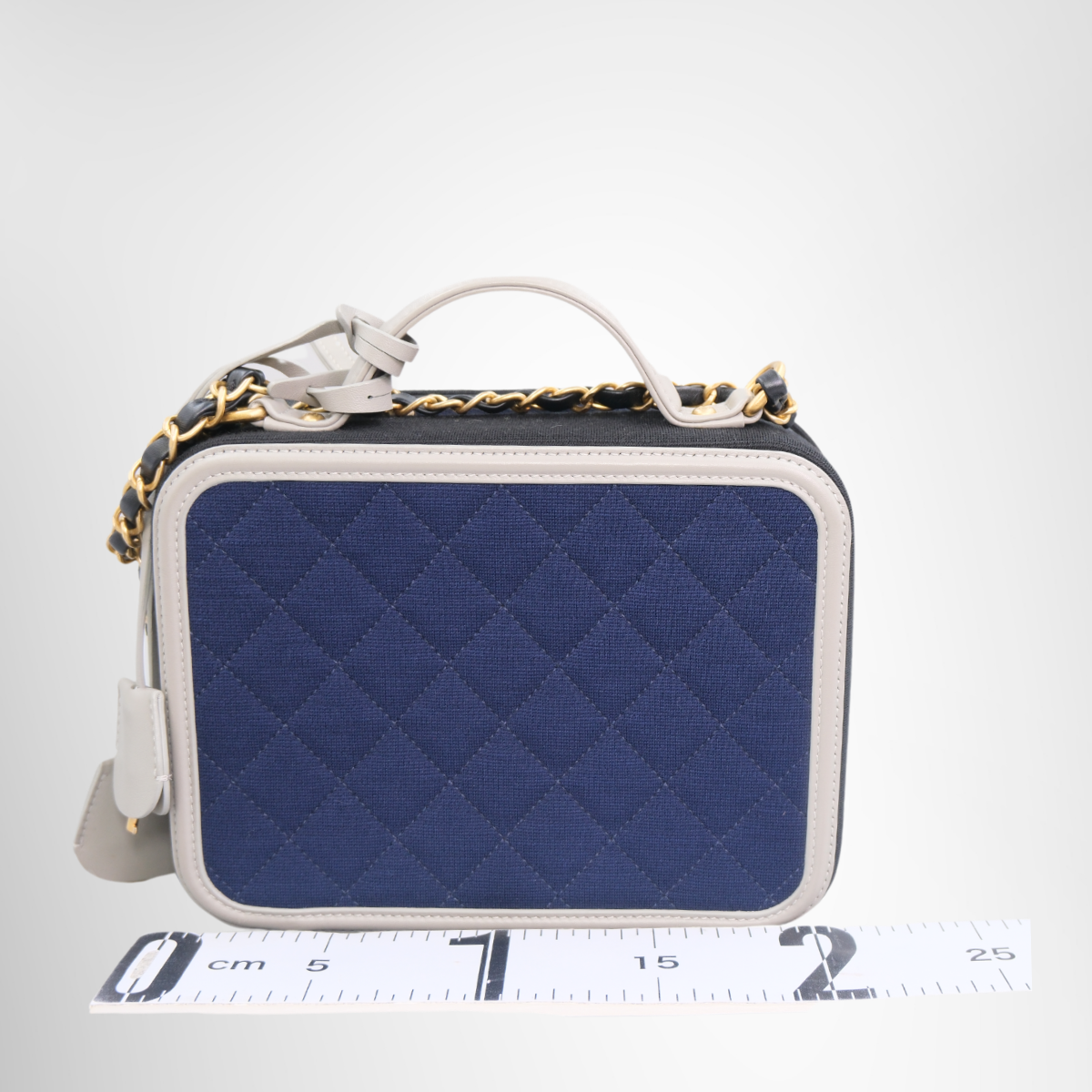 Chanel Jersey Quilted Small CC Filigree Vanity Case Blue Black Grey