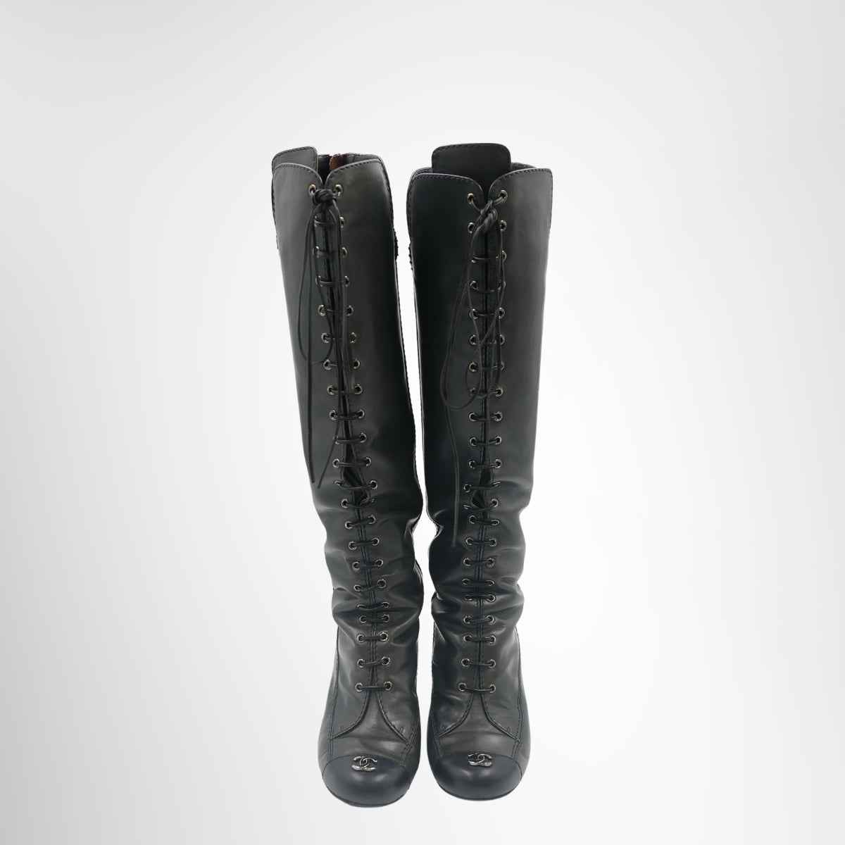 Chanel Interlocking CC Logo Over-the-Knee Leather Lace-Up Boots