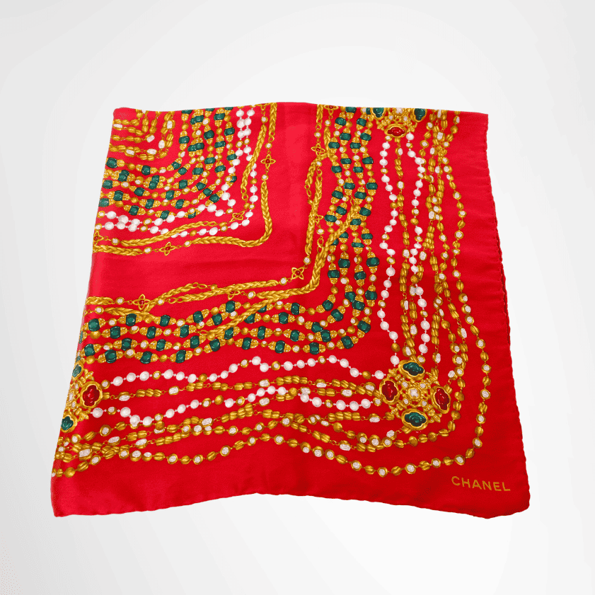Chanel Vintage Chain & Gripoix Jewelry Print Silk Scarf – Red