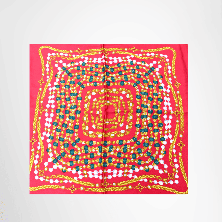 Chanel Vintage Chain & Gripoix Jewelry Print Silk Scarf – Red