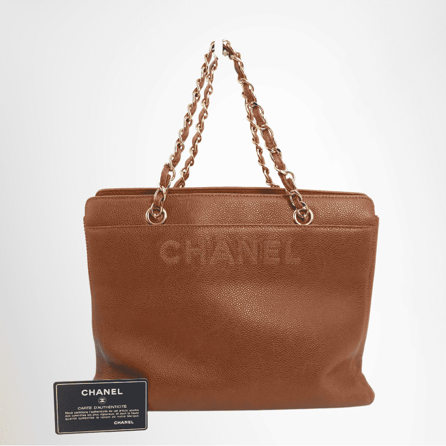 Chanel Preowned Luxury Bag Caviar Logo Chain Leather Tote Front View 2
