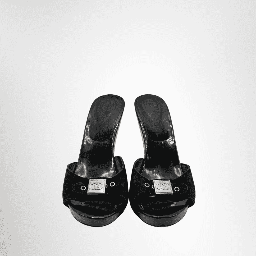 Chanel Preowned Luxury Sandals Vintage Y2K Square Buckle Coco Mark Mule Heeled Sandals Front View