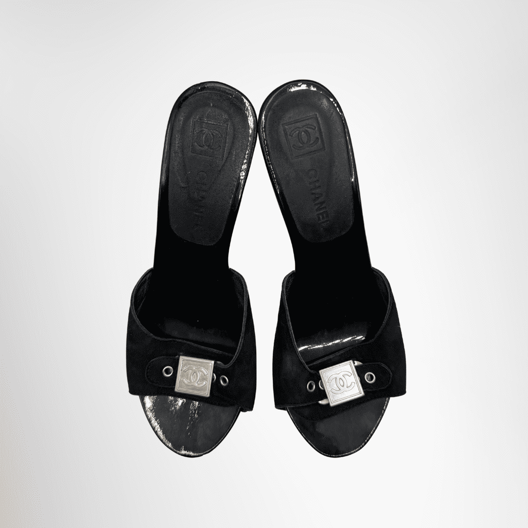Chanel Preowned Luxury Sandals Vintage Y2K Square Buckle Coco Mark Mule Heeled Sandals Top View