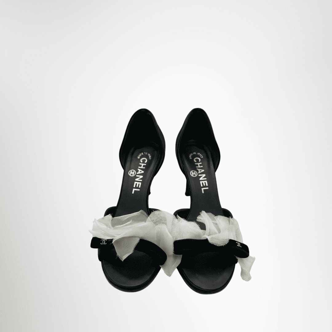 Chanel Preowned Luxury Shoes Satin Camellia Bow D'Orsay Pumps Front View