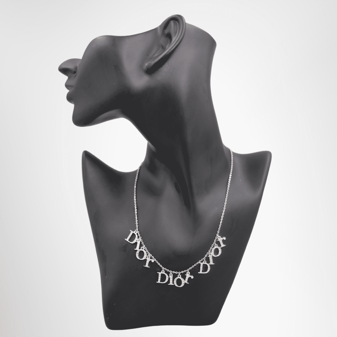 Dior Silver Tone Triple Logo Charm Necklace