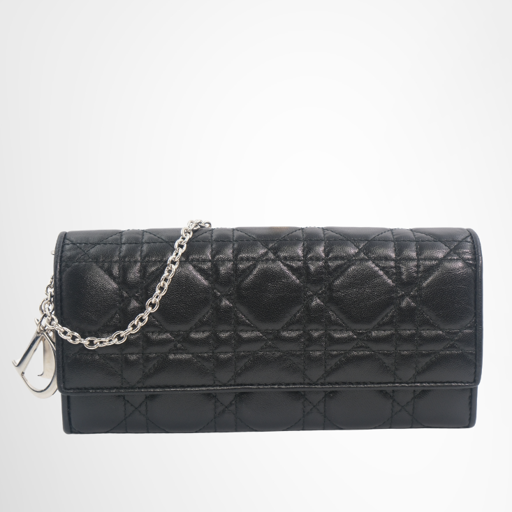Dior Preowned Luxury Bag Black Cannage Quilted Leather Wallet on Chain Front View