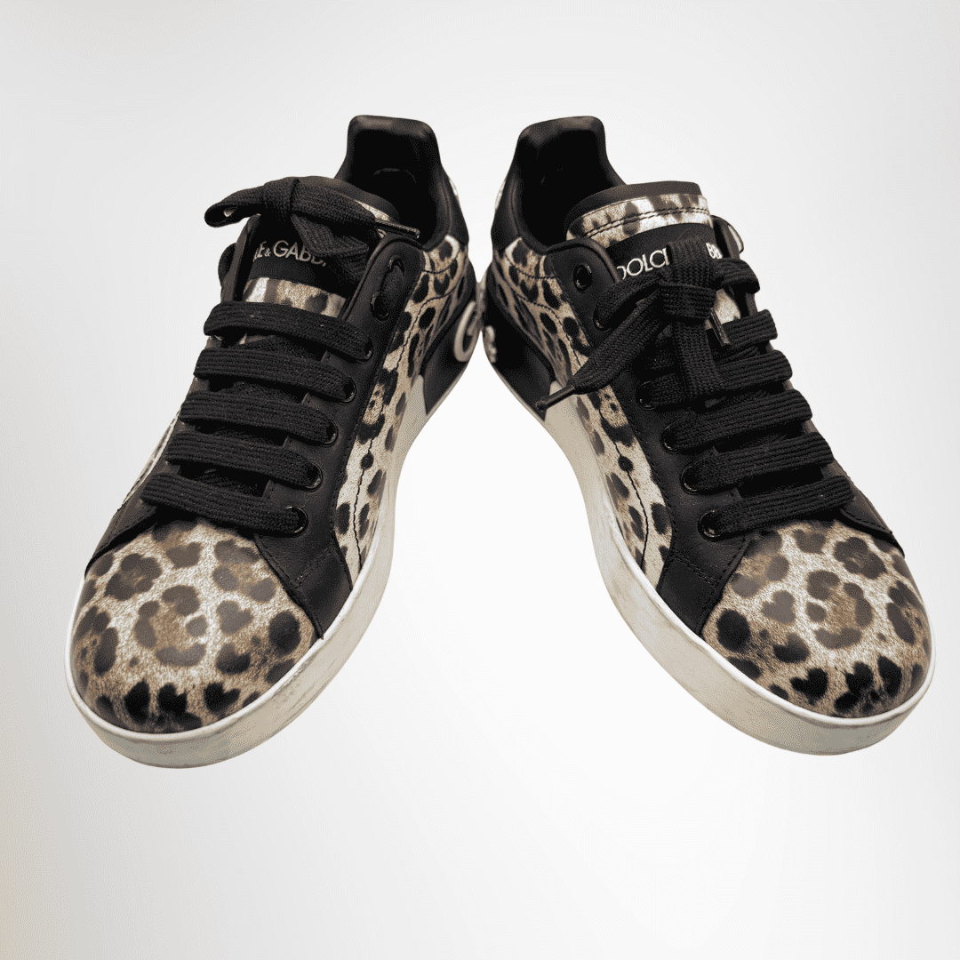 Dolce&Gabbana Preowned Luxury Shoes Portofino Leopard-Print Calfskin Sneakers Front View 2