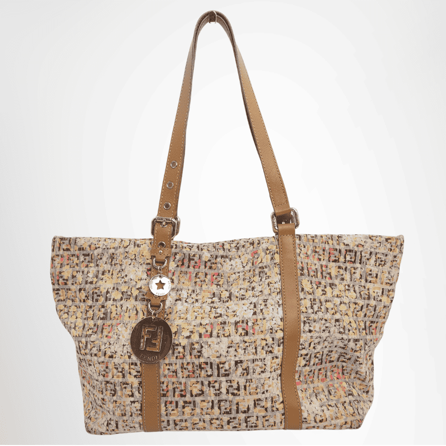 Fendi Preowned Luxury Bag Colorful Floral Print Canvas Zucchino Tote Bag Front View