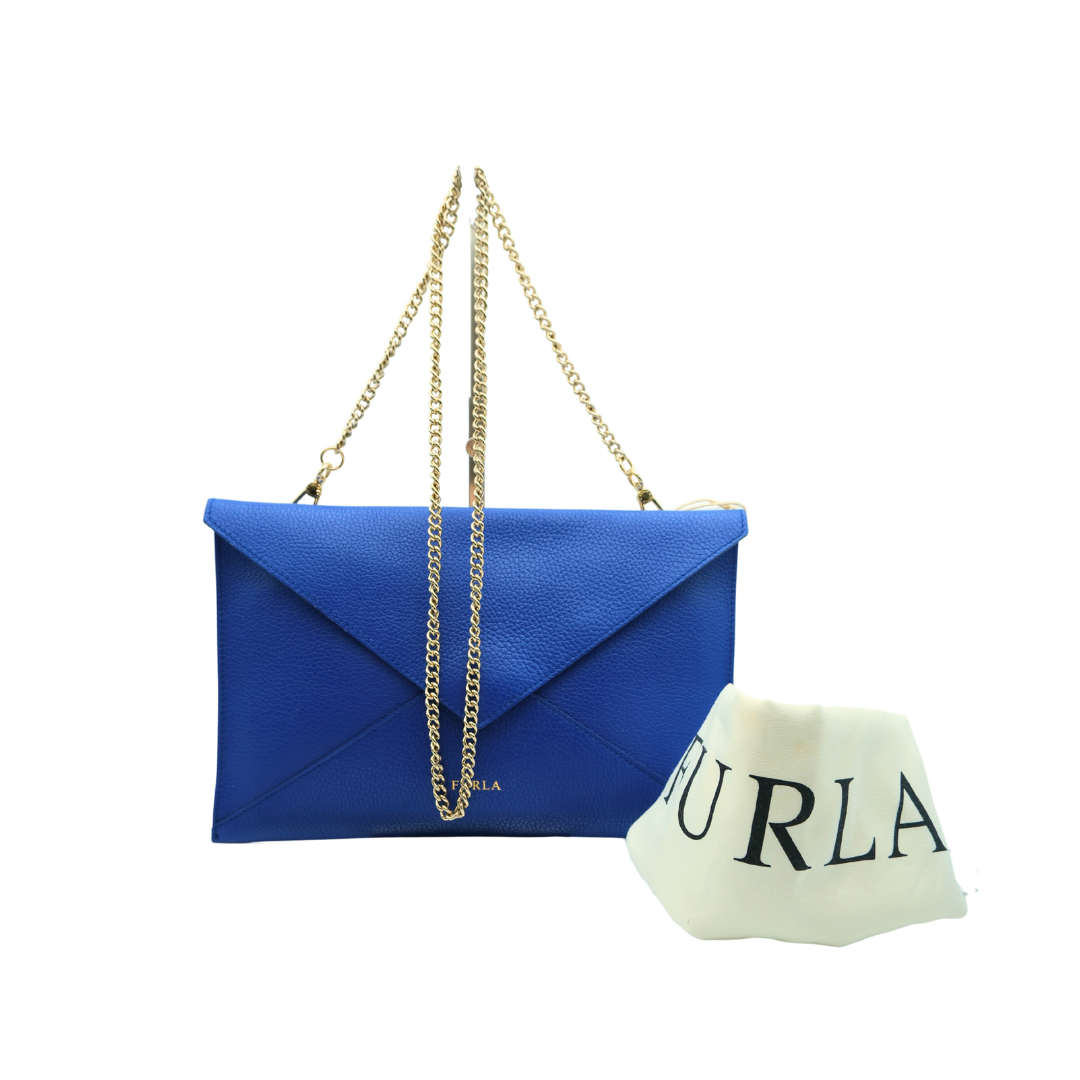 Furla Preowned Luxury 2-Way Clutch Chain Shoulder Bag Front View With Dust Bag