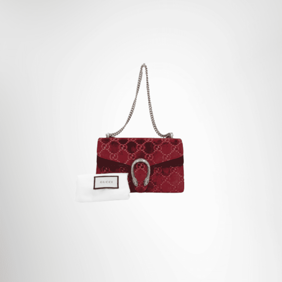 Gucci Preowned Luxury Dionysus GG Velvet Bag Front View with Dustbag - Antonio & Co.