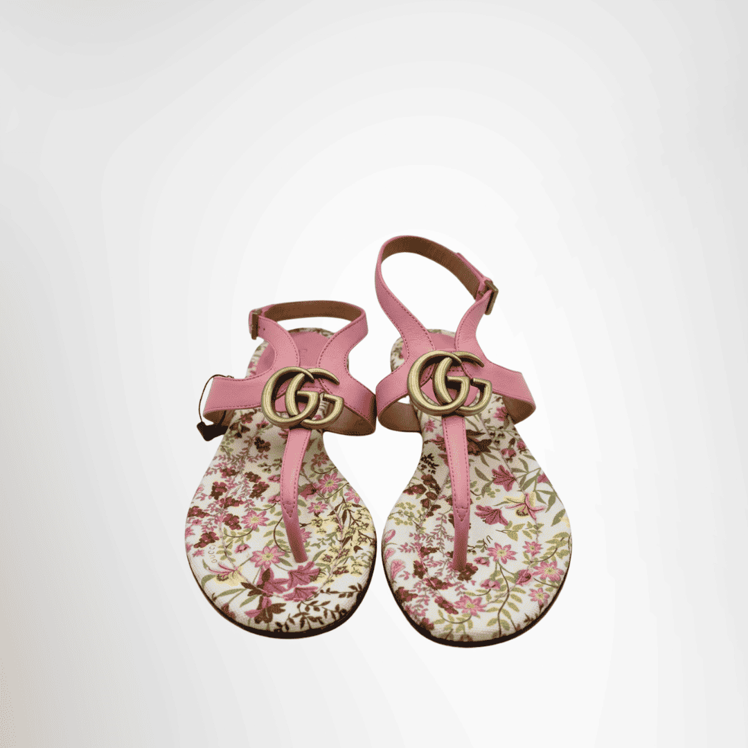 Gucci Preowned Luxury Sandal Double G Floral Print Leather Thong Sandal Front View