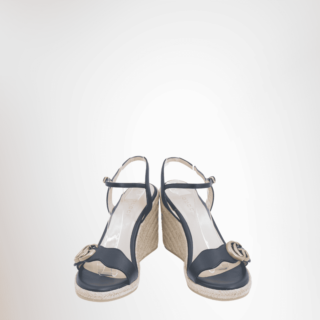 Gucci Preowned Luxury Sandals GG Leather Wedge Espadrille Front View 2