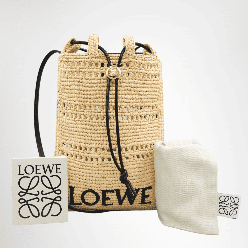 Loewe Raffia Drawstring Pocket Bag – Natural / Black