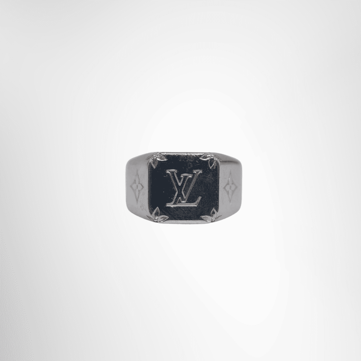 Louis Vuitton Preowned Luxury Ring Monogram Signet Silver Ring Front View - Antonio & Co.