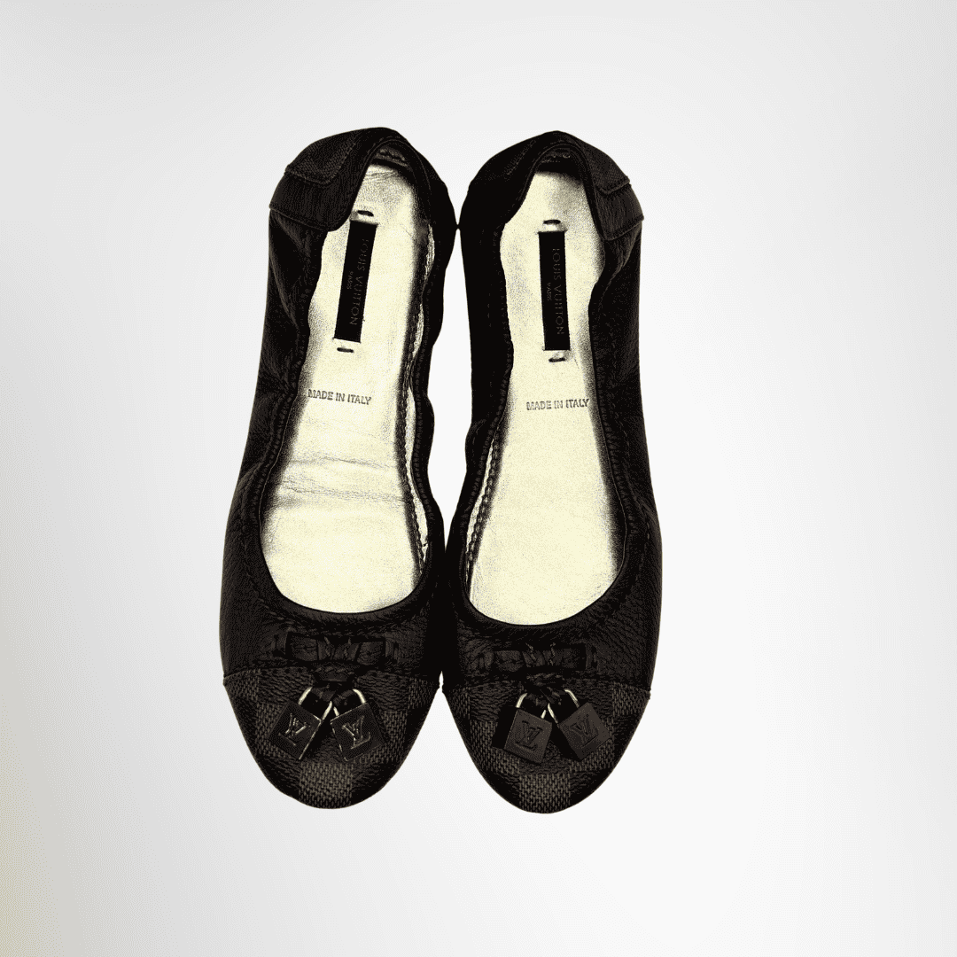 Louis Vuitton Preowned Luxury Shoes Lovely Ballerina Flats in Damier Ebene Canvas Top View