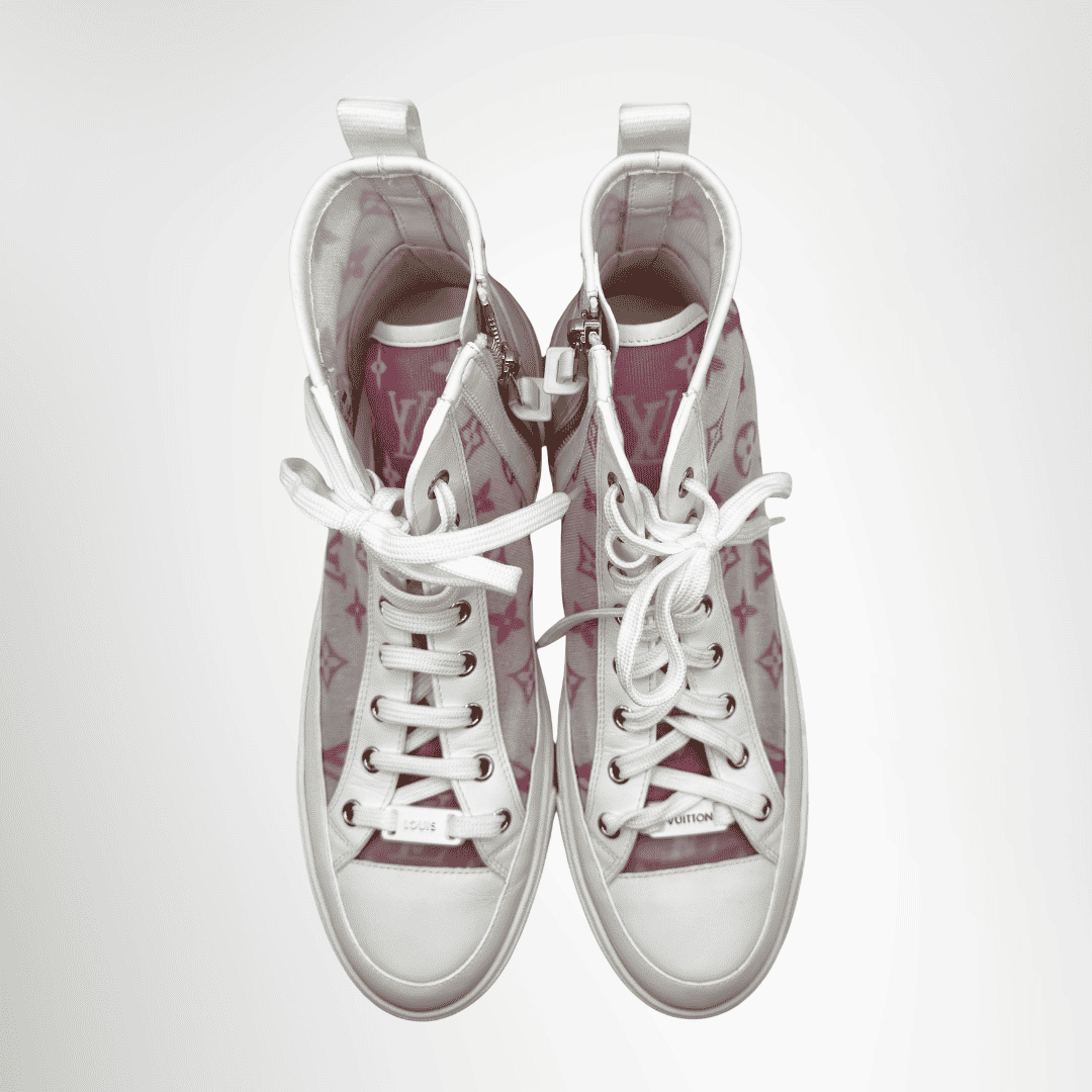 Louis Vuitton Preowned Luxury Shoes Stellar High Top Sneakers in White and Pink Monogram Mesh Top View