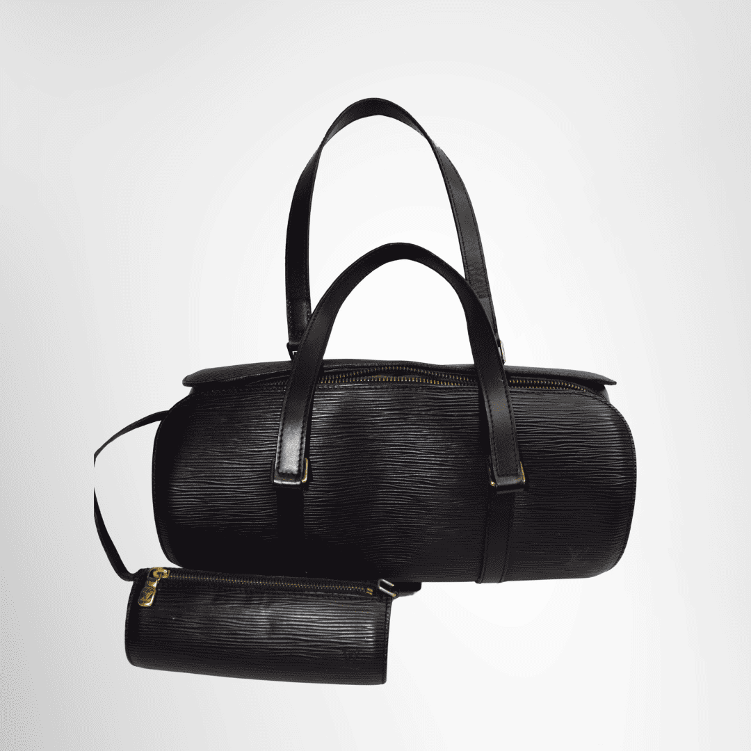 Louis Vuitton Preowned Luxury Soufflot Epi Black Bag Front View with Pouch - ANtonio & Co.