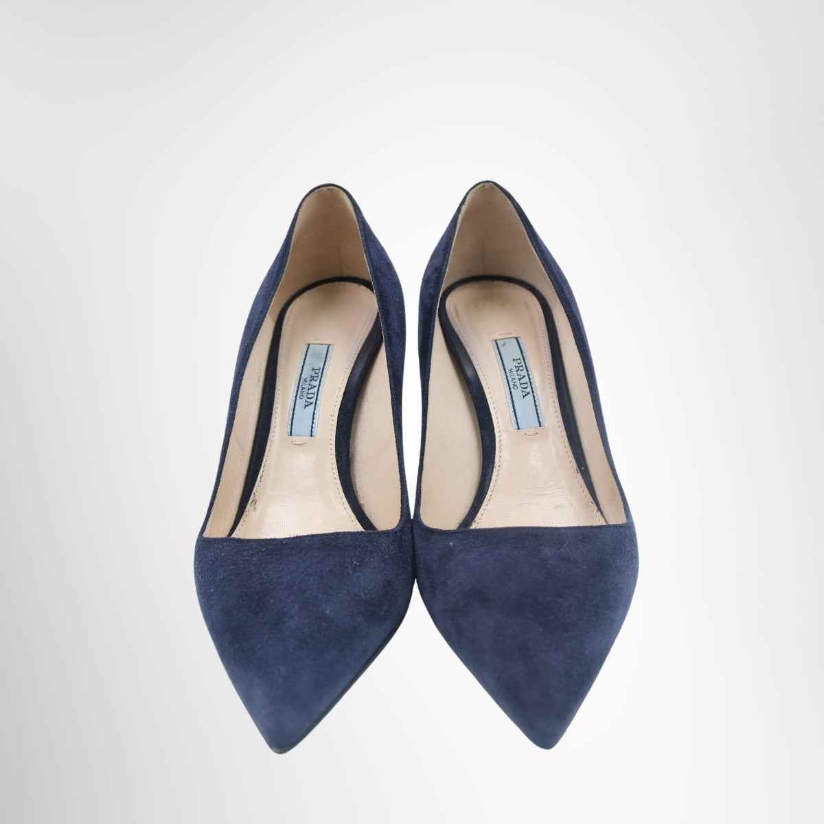 Prada Suede Pointed-Toe Pumps – Navy Blue, Size 35.5
