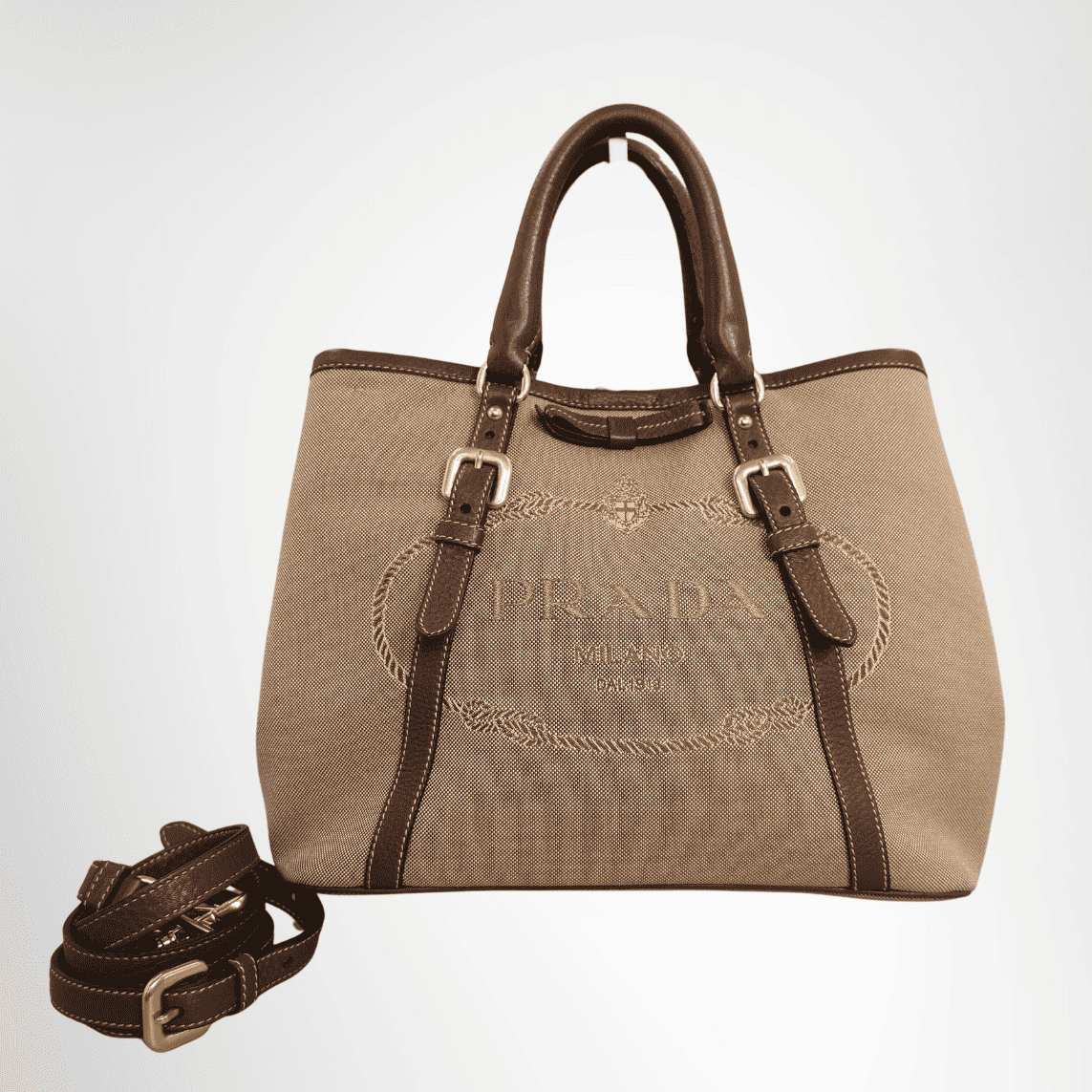 Prada Logo Jacquard 2-Way Tote Bag – Beige / Brown