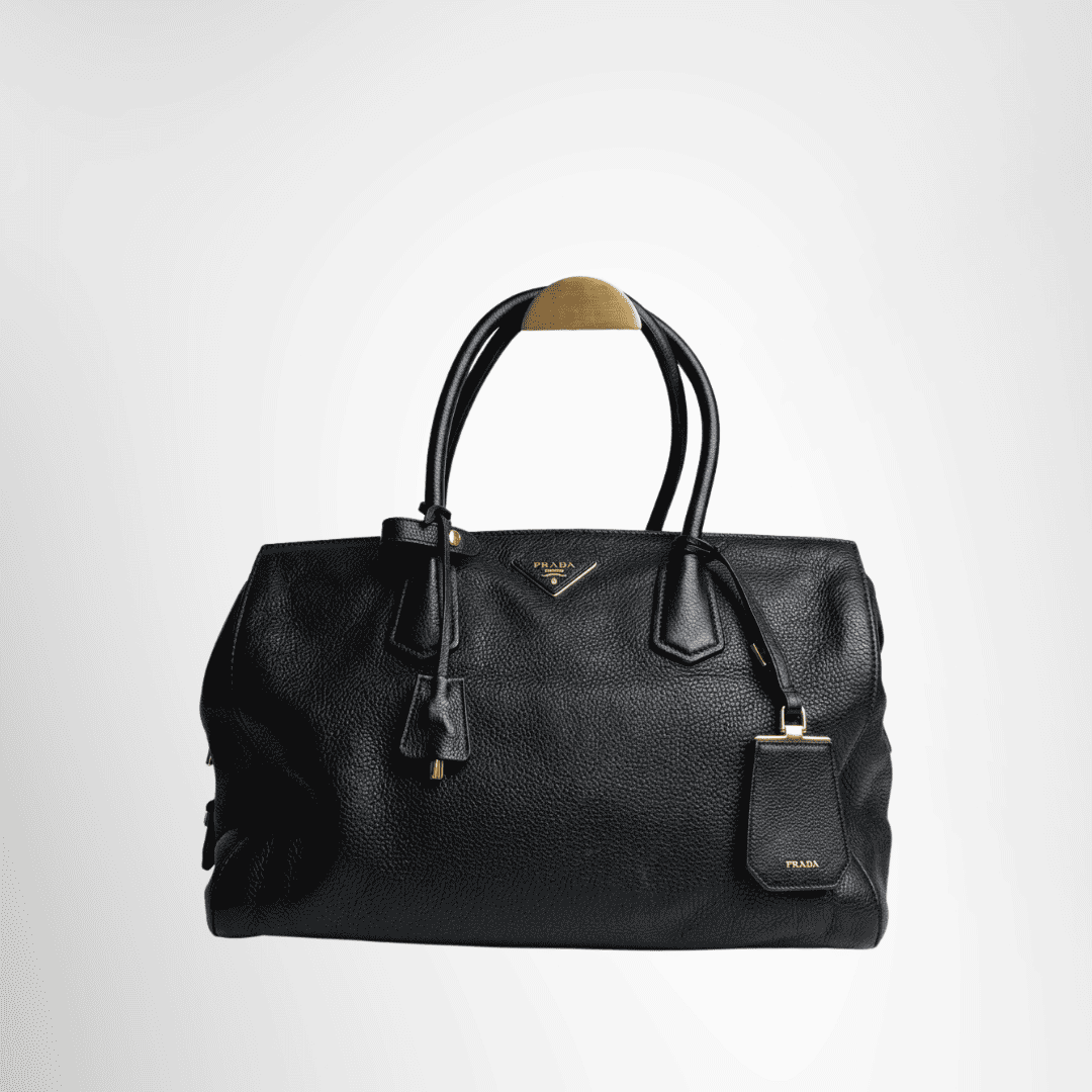 Prada Preowned Luxury Bag Black Vitello Grain Leather Double Handle Tote Bag Front View