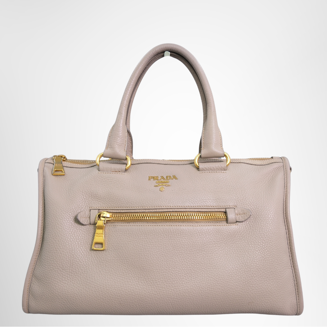 Prada Bauletto Vitello Daino Front Zip Satchel – Beige