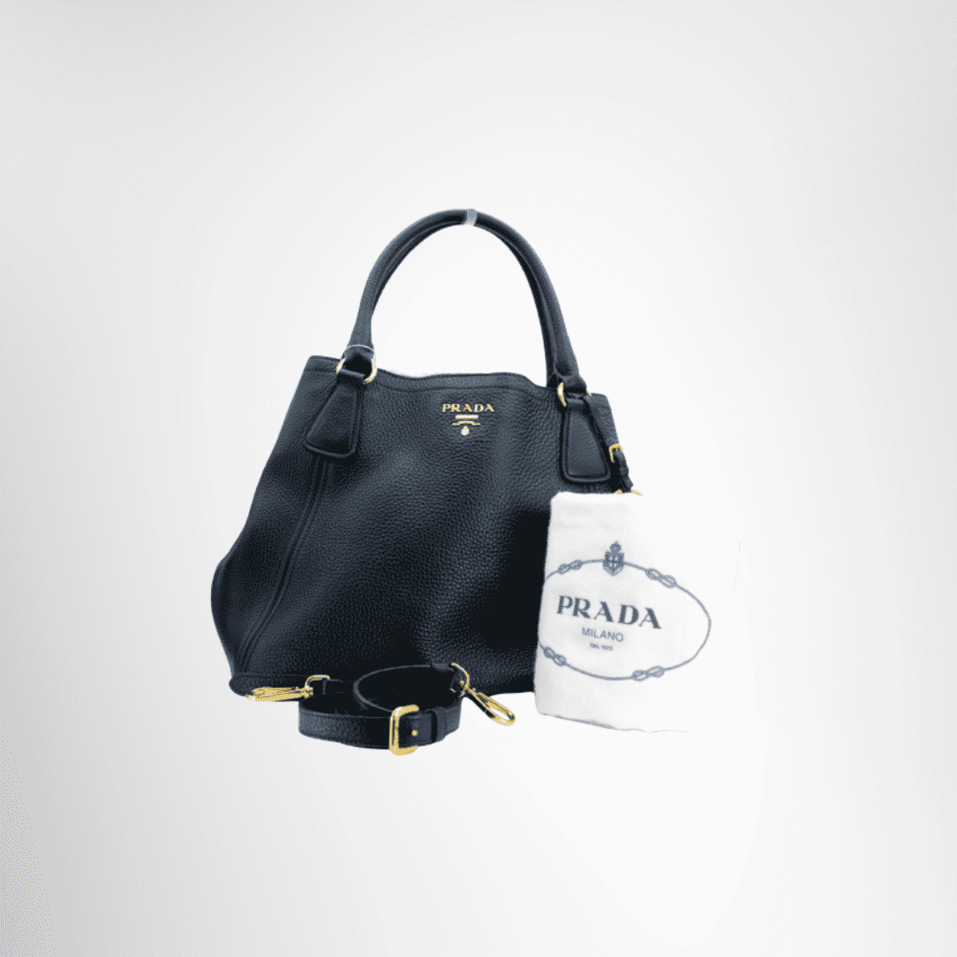 Prada Preowned Luxury Vitello Daino Tote Bag Front View with Strap and Dustbag - Antonio & Co.
