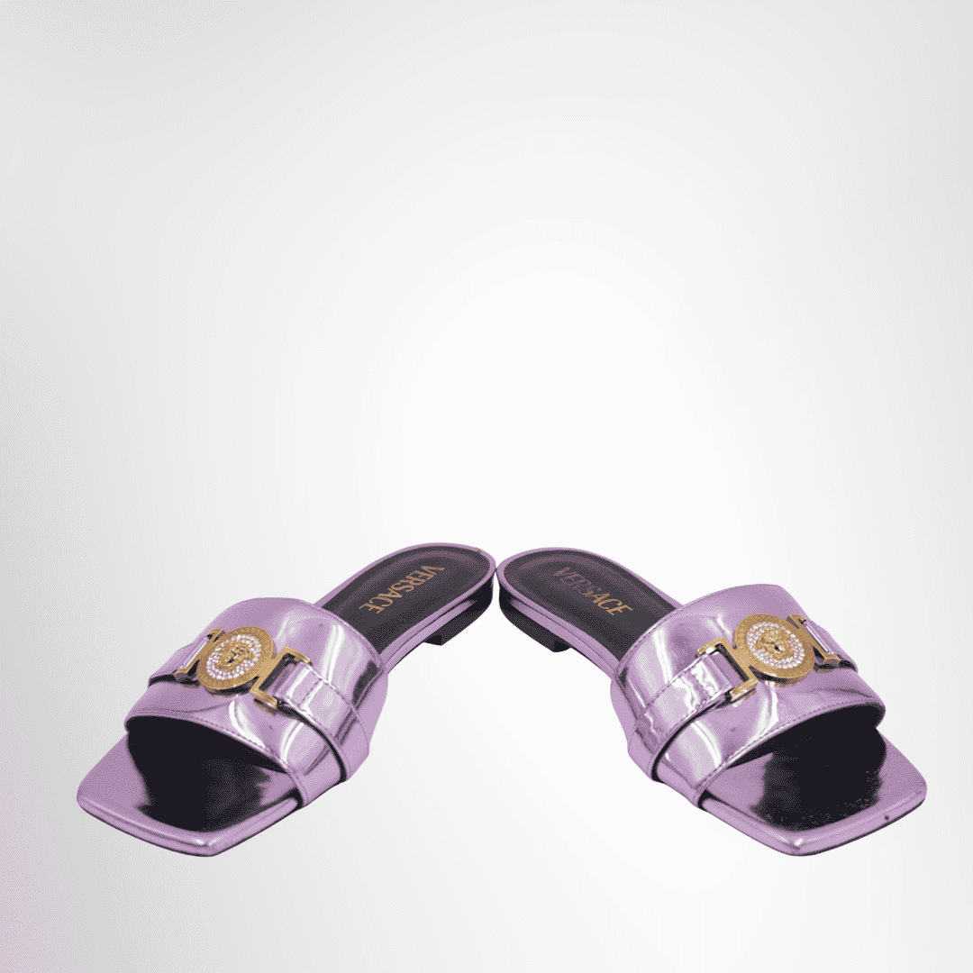 Versace Preowned Luxury Sandal Leather Sandal Metallic Pink Front View 2