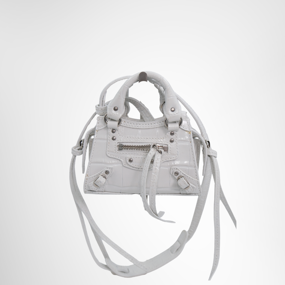 Balenciaga Preowned Luxury Bag Neo Classic Super Nano Handbag in White Crocodile Embossed Leather Front View