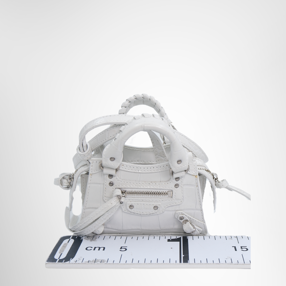 Balenciaga Preowned Luxury Bag Neo Classic Super Nano Handbag in White Crocodile Embossed Leather Front View 2
