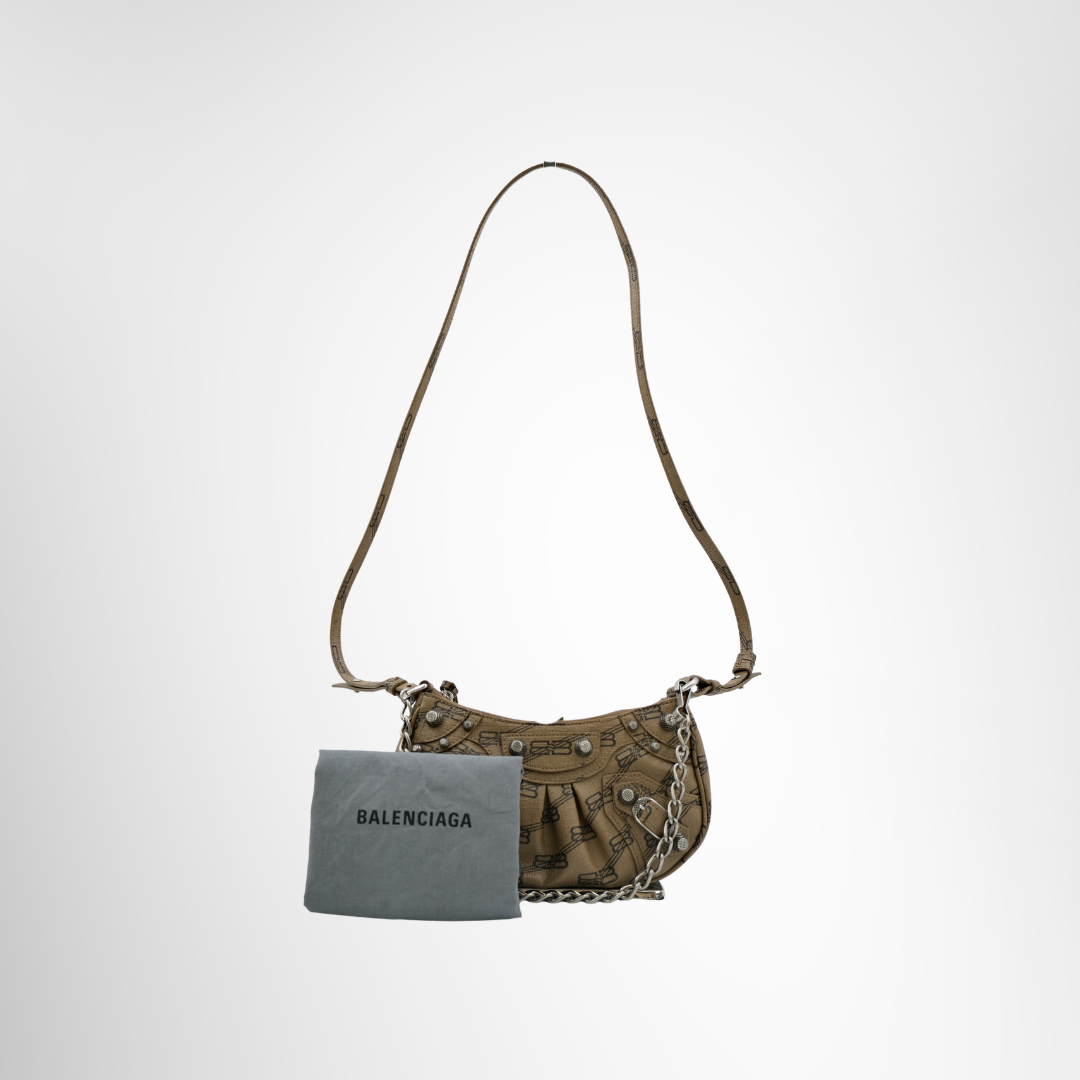 Balenciaga Preowned Luxury Le Cagole Mini Bag in Brown Coated Canvas Bag Front View with Dustbag - Antonio & Co.