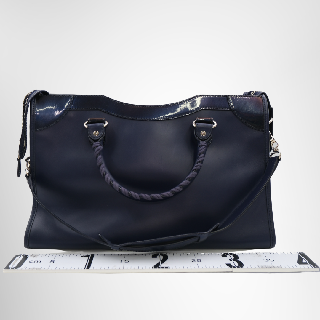 Balenciaga Preowned Luxury Leather Motocross City Giant Blue Handbag Bag Back View - Antonio & Co.