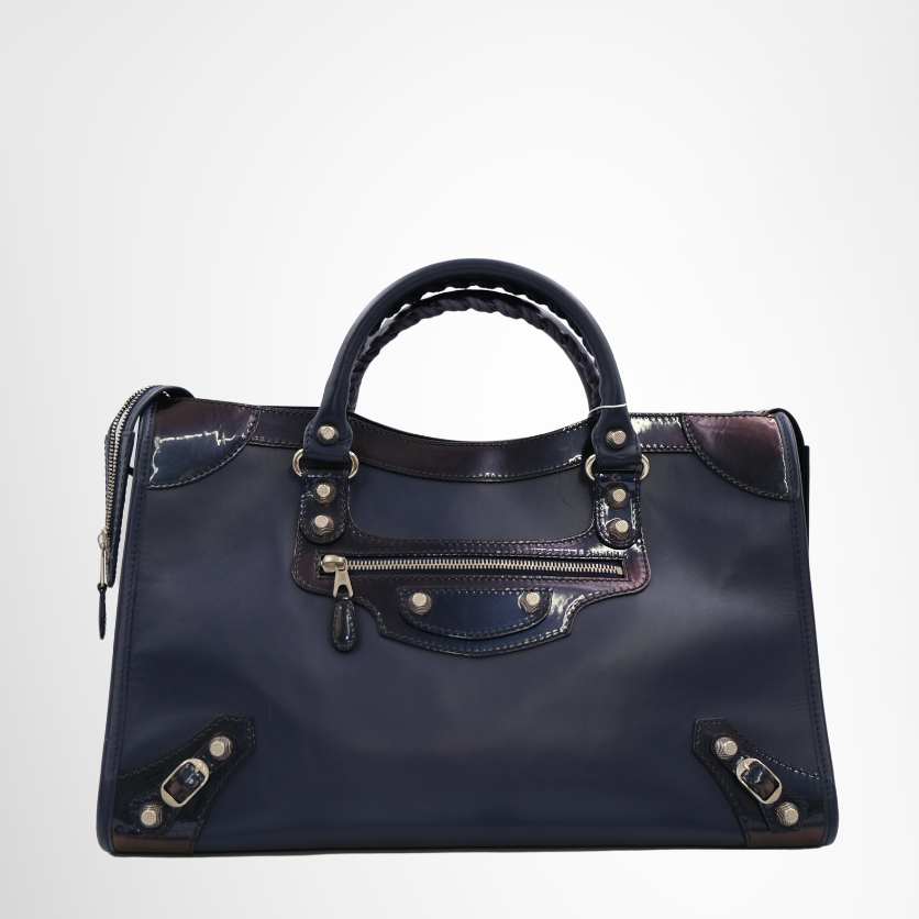 Balenciaga Preowned Luxury Leather Motocross City Giant Blue Handbag Bag Front Page - Antonio & Co.