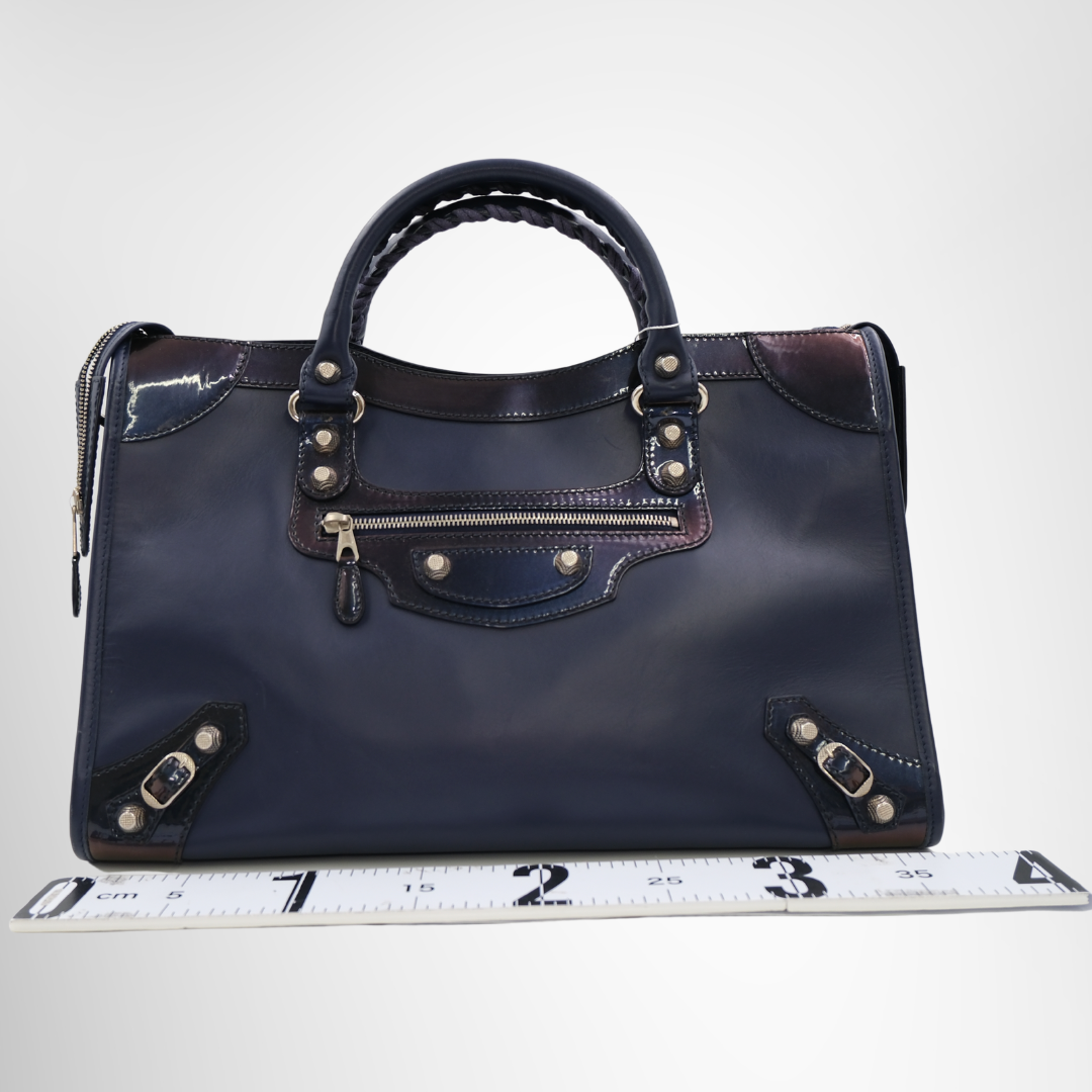 Balenciaga Preowned Luxury Leather Motocross City Giant Blue Handbag Bag Front View - Antonio & Co.