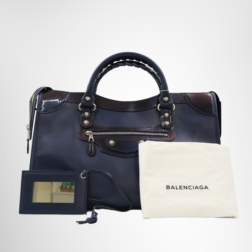 Balenciaga Preowned Luxury Leather Motocross City Giant Blue Handbag Bag Front View with Strap and Dustbag - Antonio & Co.