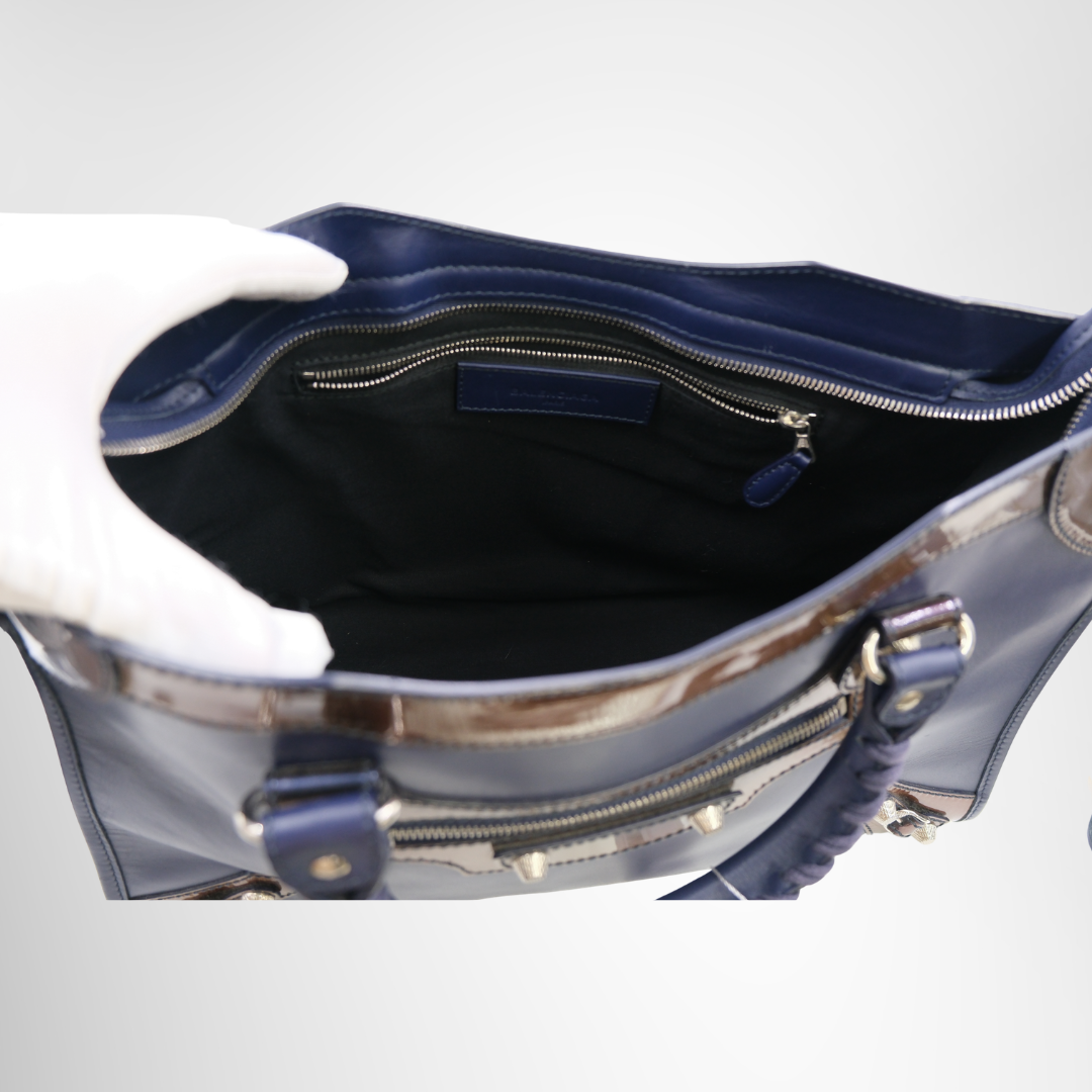 Balenciaga Preowned Luxury Leather Motocross City Giant Blue Handbag Bag Inside View - Antonio & Co.