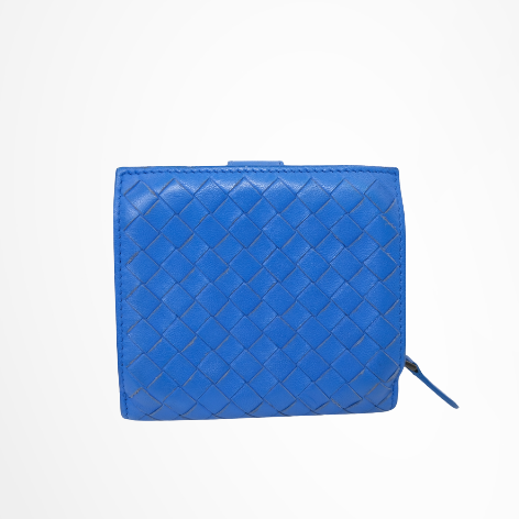 Bottega Veneta Preowned Luxury Intrecciato Blue Woven Leather Bifold Wallet Front Page