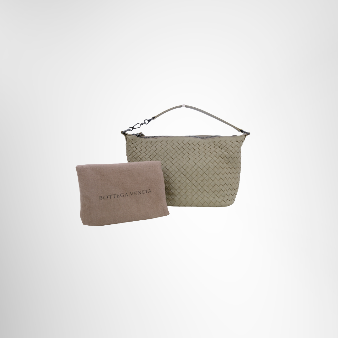 Bottega Veneta Preowned Luxury Intrecciato Leather Shoulder Bag Front View With Dust Bag