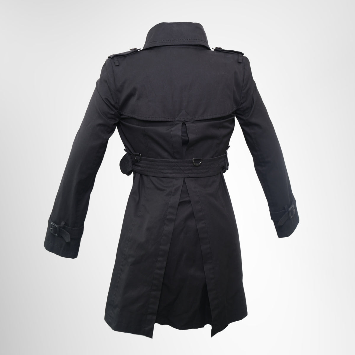 Burberry Short Kensington Heritage Trench Coat in Black – Pre-Owned Luxury Brand Apparel – Antonio & Co Back View