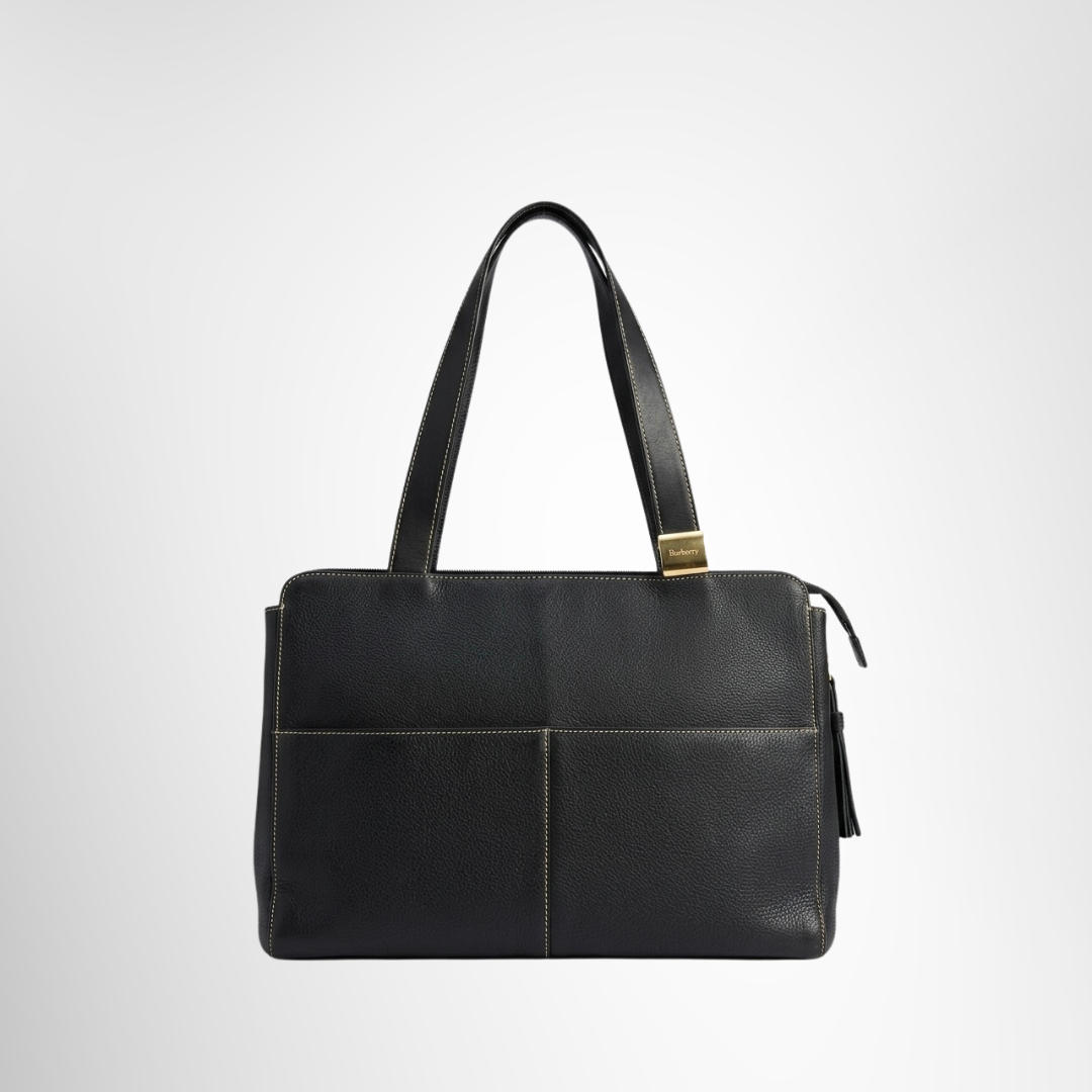 Burberry Preowned Luxury Bag Contrast Stitch Gold Plate Leather Business Tote Bag Front View