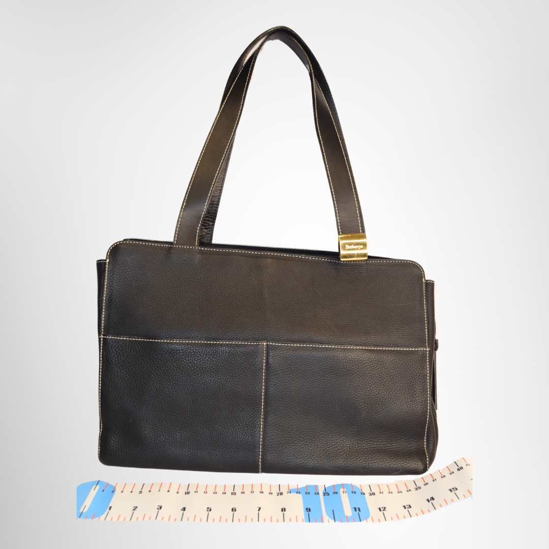 Burberry Preowned Luxury Bag Contrast Stitch Gold Plate Leather Business Tote Bag Front View 2
