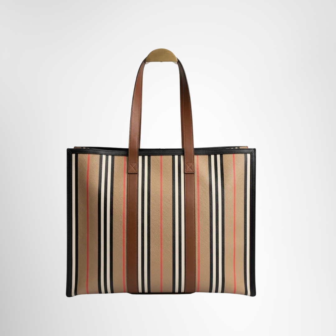 Burberry Preowned Luxury Bag Medium Icon Stripe E-Canvas Book Tote Front View