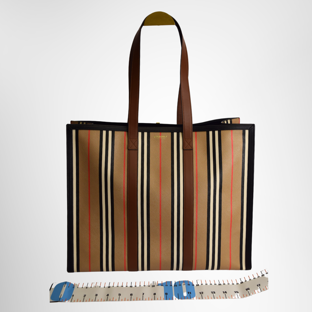 Burberry Preowned Luxury Bag Medium Icon Stripe E-Canvas Book Tote Front View 2