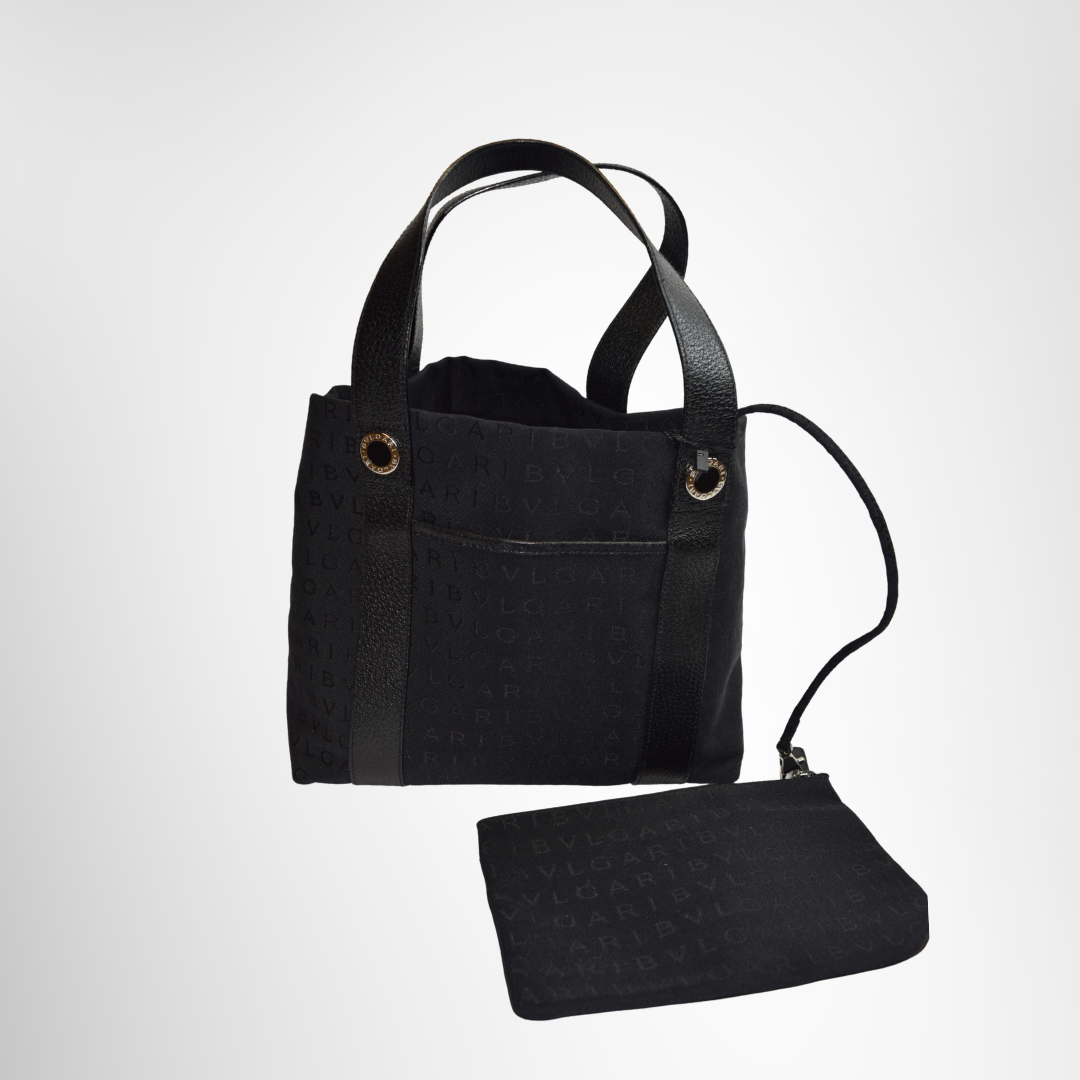Bvlgari Preowned Luxury Logomania Lettere Jacquard Tote Bag Back View with Pouch - Antonio & Co.