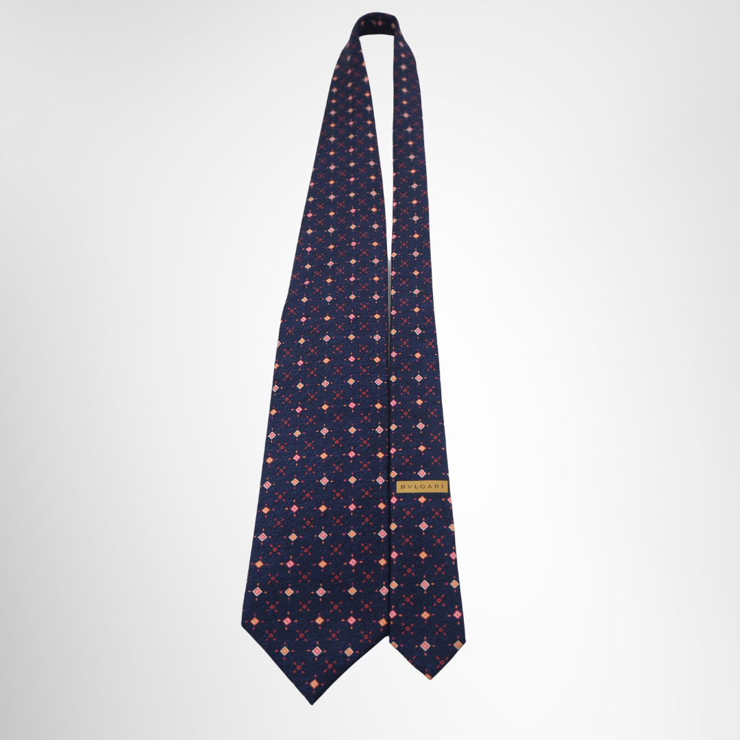 Bvlgari Preowned Luxury Necktie Navy & Red Front View With Brand Tag