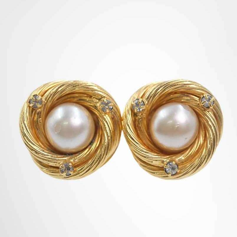 Chanel Vintage Faux Pearl and Crystal Twisted Rope Knot Earclips