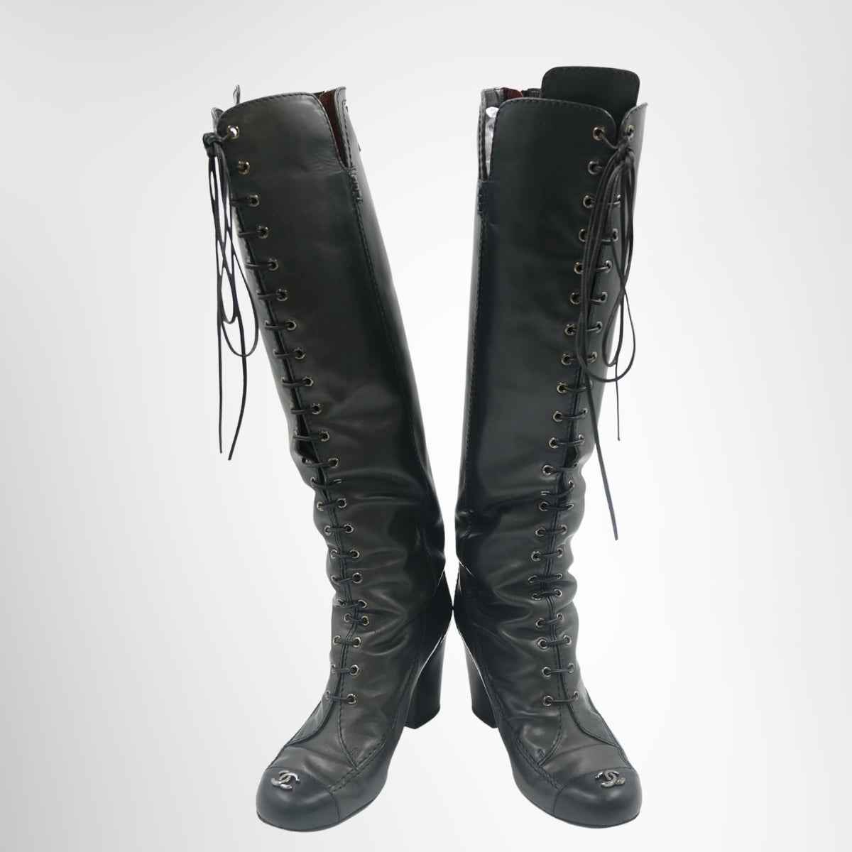 Chanel Interlocking CC Logo Over-the-Knee Leather Lace-Up Boots