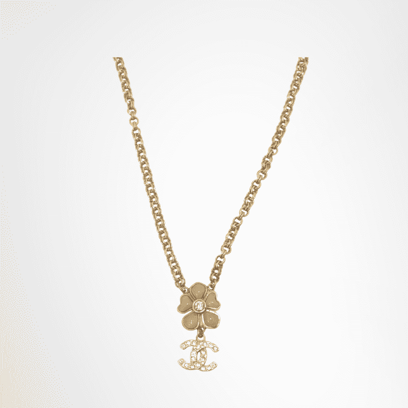 Chanel Vintage Flower Motif Rhinestone in CC Logo Charm Necklace